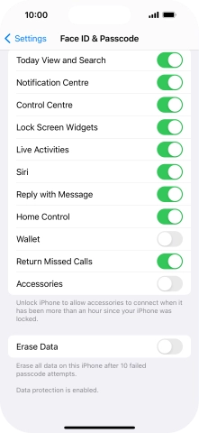 Press the indicator next to 'Erase Data' to turn the function on or off.