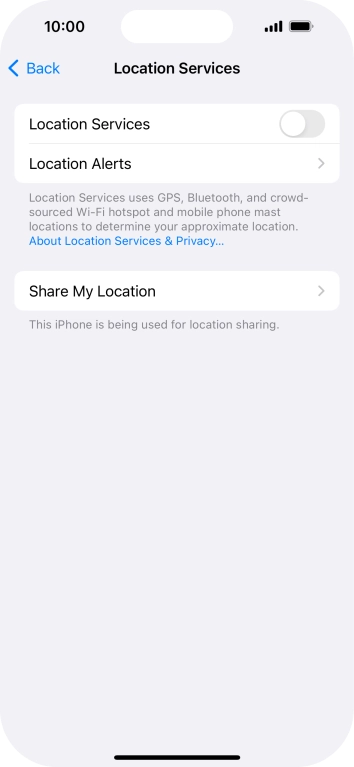Press the indicator next to 'Location Services' to turn the function on or off.