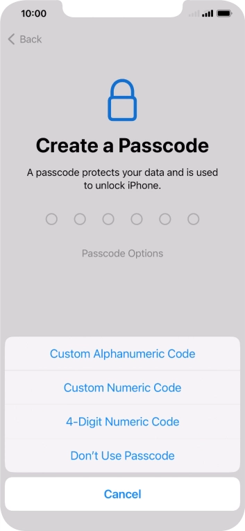 Follow the instructions on the screen to turn on the phone lock code or press Don't Use Passcode.