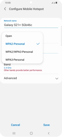 Press WPA2-Personal to password protect your WiFi hotspot.