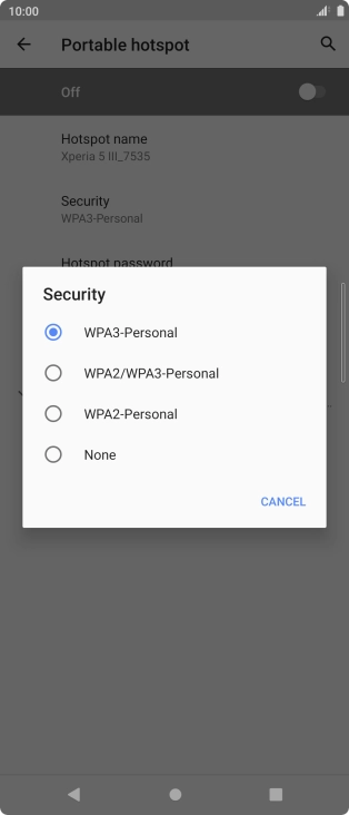 Press WPA3-Personal to password protect your WiFi hotspot.