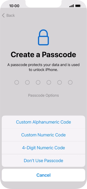 Follow the instructions on the screen to turn on the phone lock code or press Don't Use Passcode.