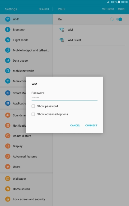 Key in the password for the WiFi network and press CONNECT.