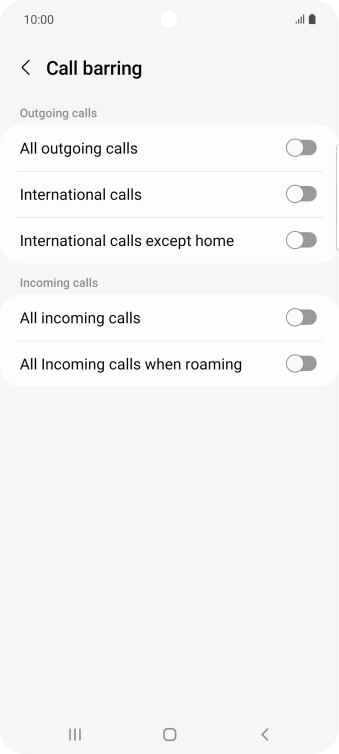 Press the indicator next to the required barring type to turn the function on or off.
