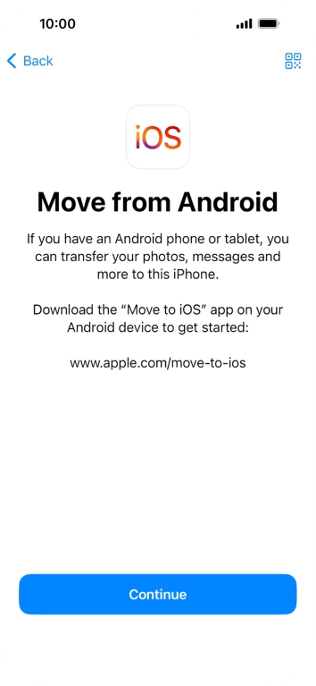 To transfer content to your phone, you need to install the app 'Move to iOS' on the Android phone. When the app is installed, press Continue.