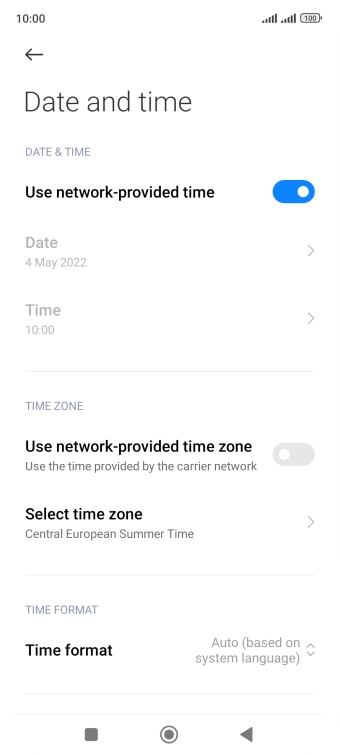 Press the indicator next to 'Use network-provided time zone' to turn on the function.
