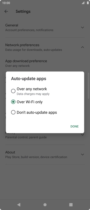 To turn on automatic update of apps using mobile network, press Over any network.