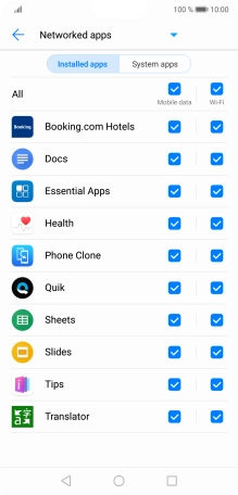 Press the field next to the application name in the 'Mobile data' column to turn the function on or off.