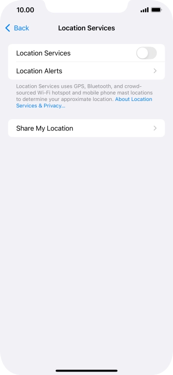 Press the indicator next to 'Location Services' to turn the function on or off.