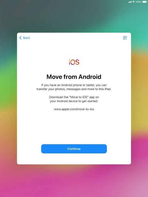 To transfer content to your tablet, you need to install the app 'Move to iOS' on the Android device. When the app is installed, press Continue.