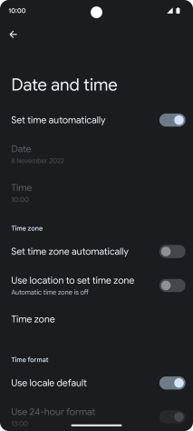 Press the indicator next to 'Set time zone automatically' to turn on the function.