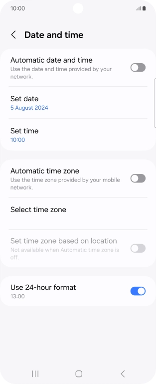 Press the indicator next to 'Automatic date and time' to turn on the function.