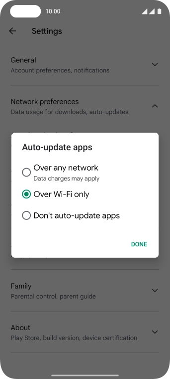 To turn on automatic update of apps using mobile network, press Over any network.