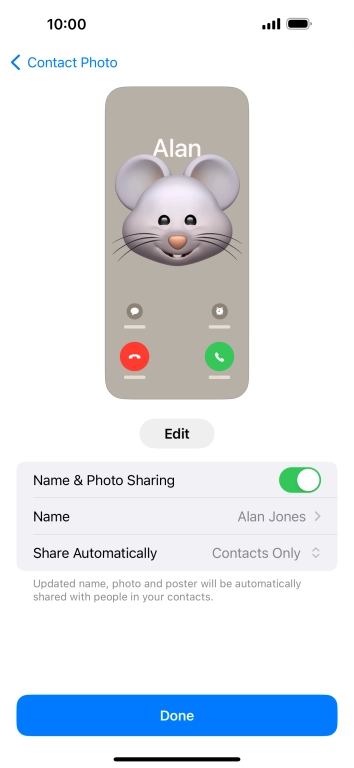 Press the indicator next to 'Name & Photo Sharing' to turn the function on or off.