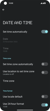 Press the indicator next to 'Set time zone automatically' to turn on the function.