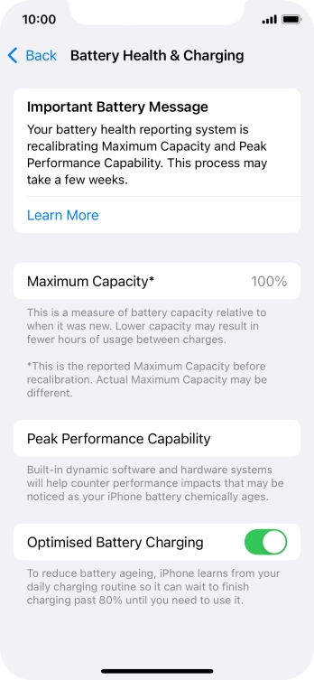 Press the indicator next to 'Optimised Battery Charging' to turn the function on or off.