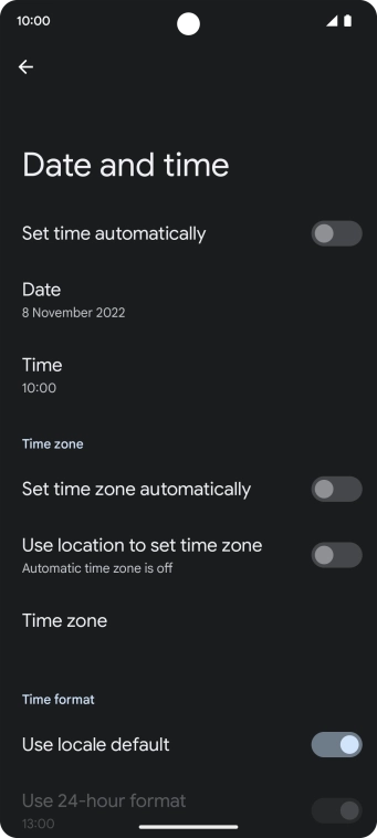 Press the indicator next to 'Set time automatically' to turn on the function.