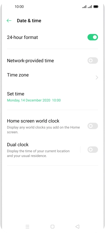 Press the indicator next to 'Network-provided time' to turn on the function.