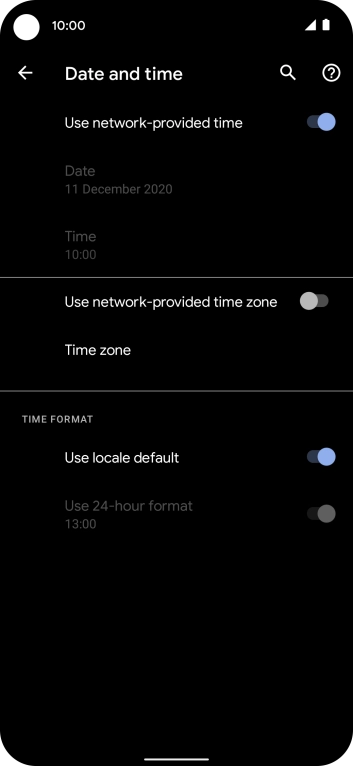 Press the indicator next to 'Use network-provided time zone' to turn on the function.