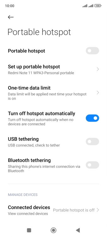 Press the indicator next to 'Portable hotspot' to turn on the function.