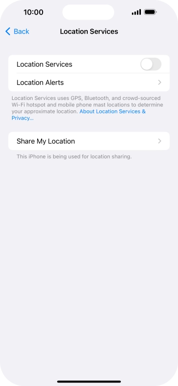 Press the indicator next to 'Location Services' to turn the function on or off.