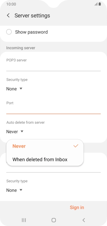 Press Never to keep emails on the server when you delete them on your phone. Press Never to keep emails on the server when you delete them on your phone.