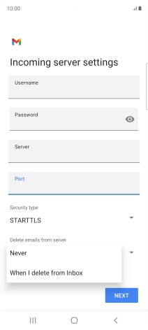 Press Never to keep emails on the server when you delete them on your phone.