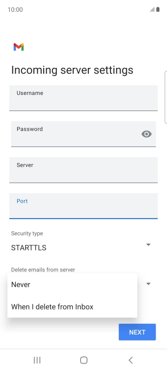 Press Never to keep emails on the server when you delete them on your phone.