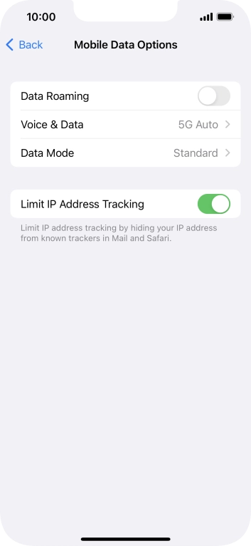 Press the indicator next to 'Data Roaming' to turn the function on or off.