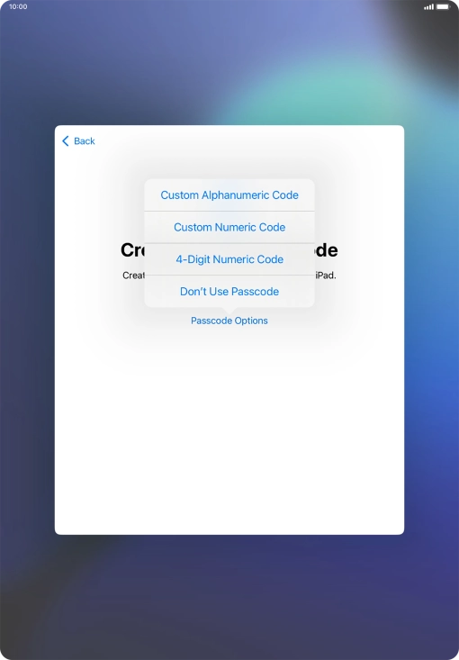 Follow the instructions on the screen to turn on the lock code or press Don't Use Passcode. Follow the instructions on the screen to turn on the lock code or press Don't Use Passcode.
