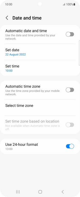 Press the indicator next to 'Automatic date and time' to turn on the function.