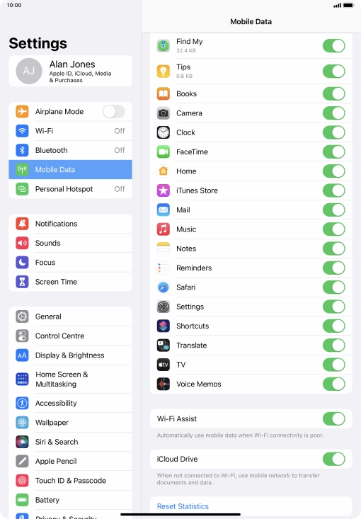 Press the indicator next to 'Wi-Fi Assist' to turn the function on or off.