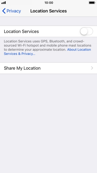 Press the indicator next to 'Location Services' to turn the function on or off. Press the indicator next to 'Location Services' to turn the function on or off.