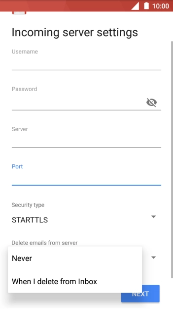 Press Never to keep emails on the server when you delete them on your phone.