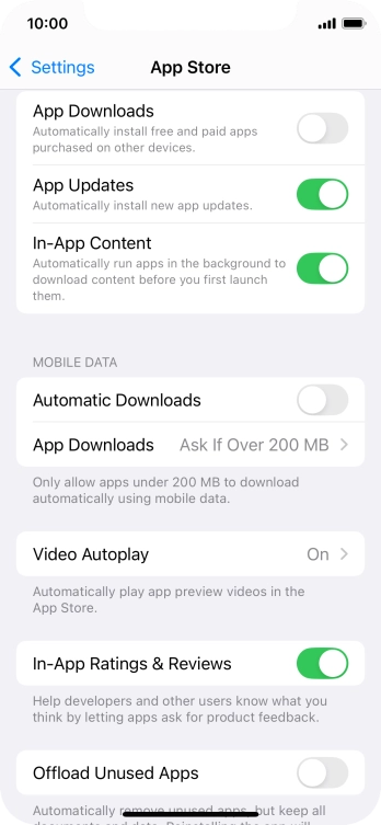 Press the indicator next to 'App Updates' to turn the function on or off. Press the indicator next to 'App Updates' to turn the function on or off.