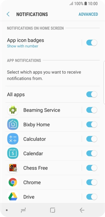 Press the indicator next to the required app to turn the function on or off.