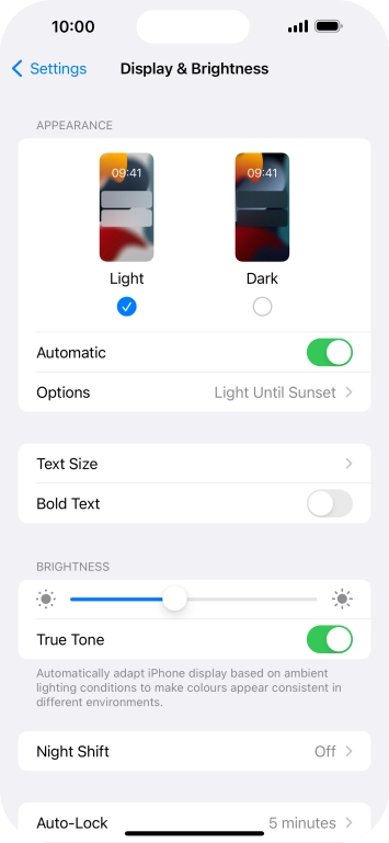 If you turn on the function, press Options and follow the instructions on the screen to select the required period of time for Dark Mode.