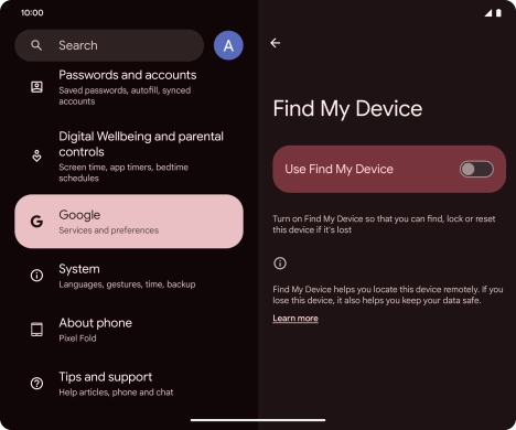 Press the indicator next to 'Use Find My Device' to turn on the function.