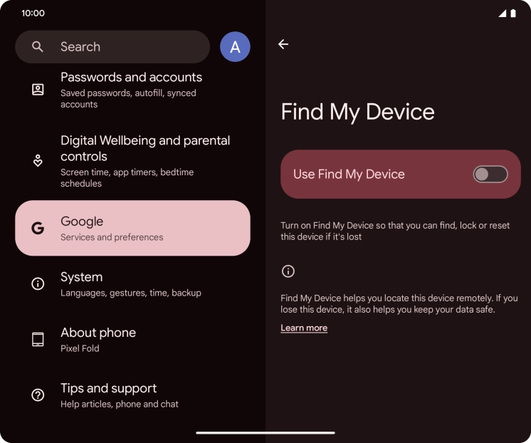 Press the indicator next to 'Use Find My Device' to turn on the function.