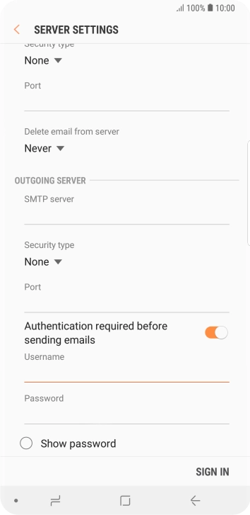 Press the field below 'Password' and key in the password of your email provider's outgoing server.
