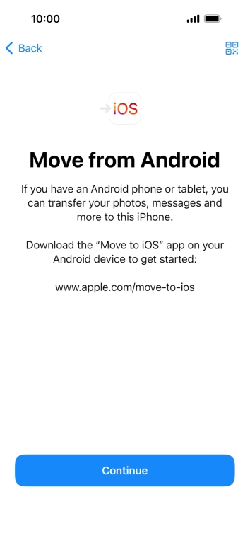 To transfer content to your phone, you need to install the app 'Move to iOS' on the Android phone. When the app is installed, press Continue.