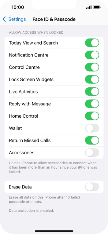 Press the indicator next to 'Erase Data' to turn the function on or off.