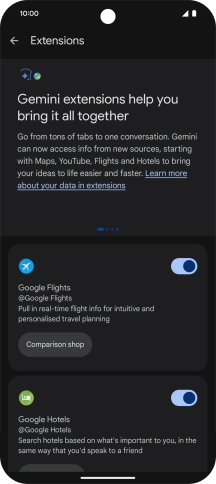 Press the indicator next to the required extension to turn on the function.