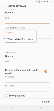 Press Never to keep emails on the server when you delete them on your phone.