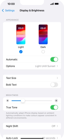 If you turn on the function, press Options and follow the instructions on the screen to select the required period of time for Dark Mode.