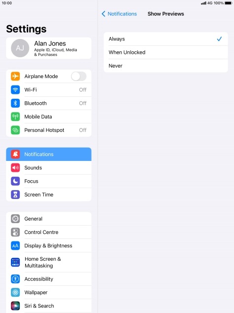 To select notification preview on the lock screen, press Always.