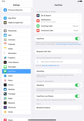Press the indicator next to 'FaceTime' to turn the function on or off.