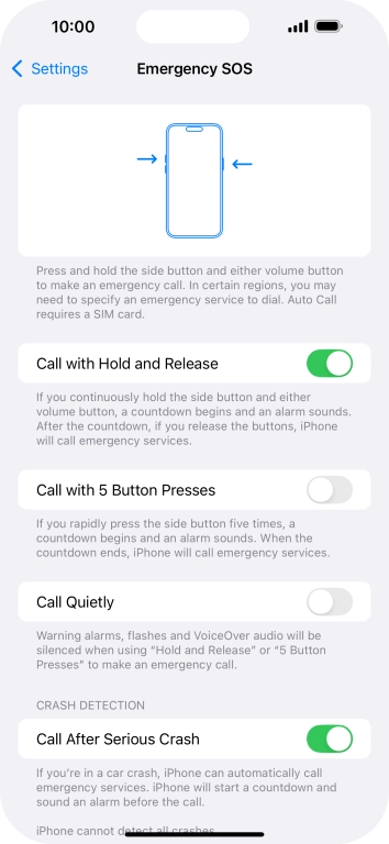 Press the indicator next to 'Call After Serious Crash' to turn on the function.