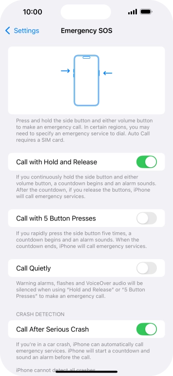 Press the indicator next to 'Call After Serious Crash' to turn on the function.