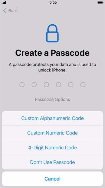 Follow the instructions on the screen to turn on the phone lock code or press Don't Use Passcode.